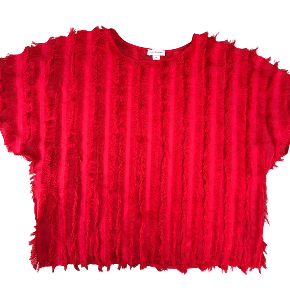 Calligraphie‎ Womens Red Eyelash Fringe Short Sleeve Textured Boxy Top XL